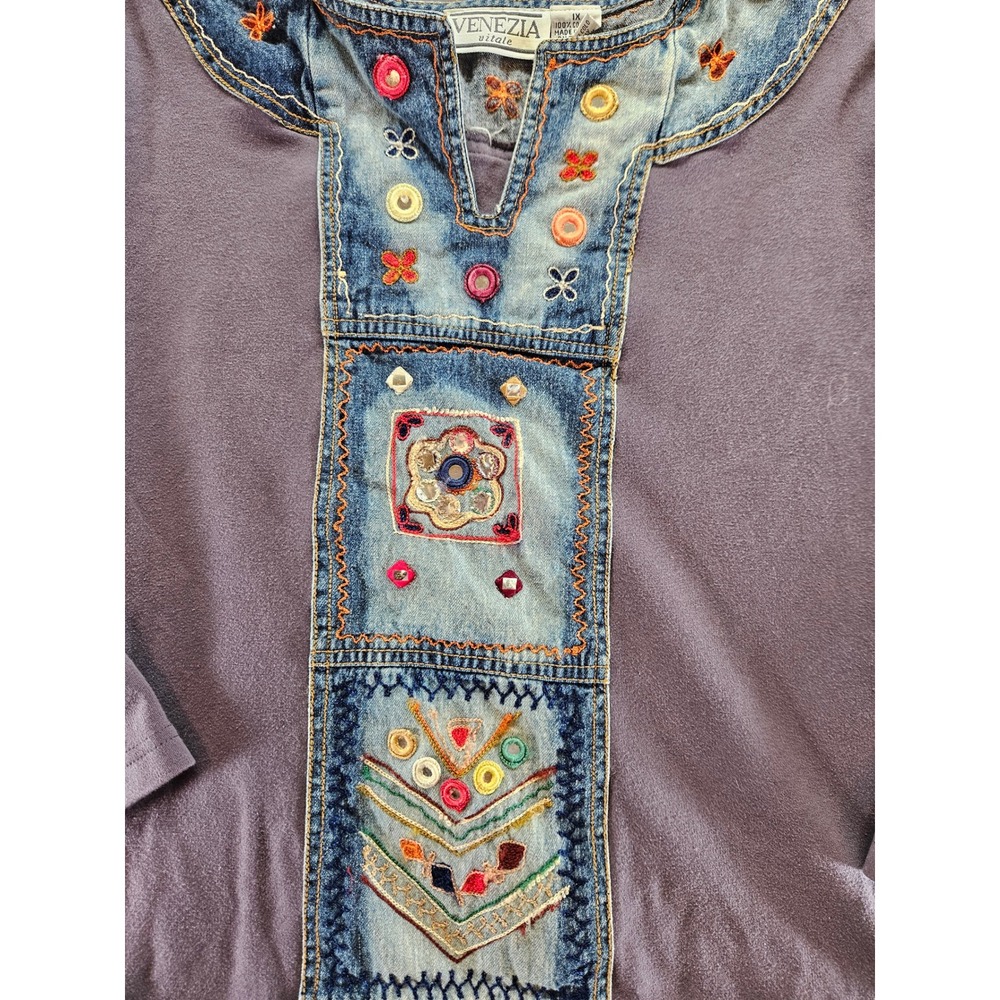 Venezia Vitale Womens 1X Purple Cotton Top Denim Patchwork Embroidery Boho